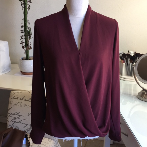 Burgundy V Neck long sleeve sheer blouse - Picture 3 of 8
